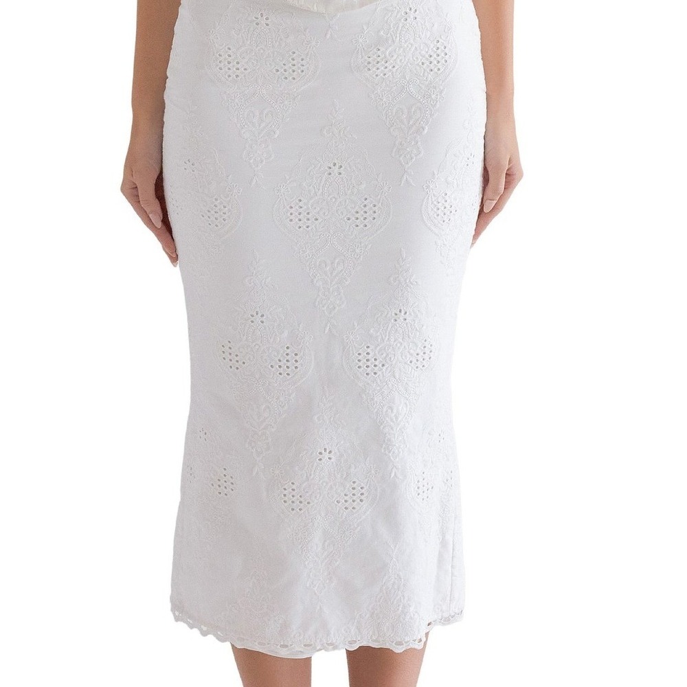 House of CB London White Eyelet Cotton Maxi Skirt Scalloped Lace Size M Boho